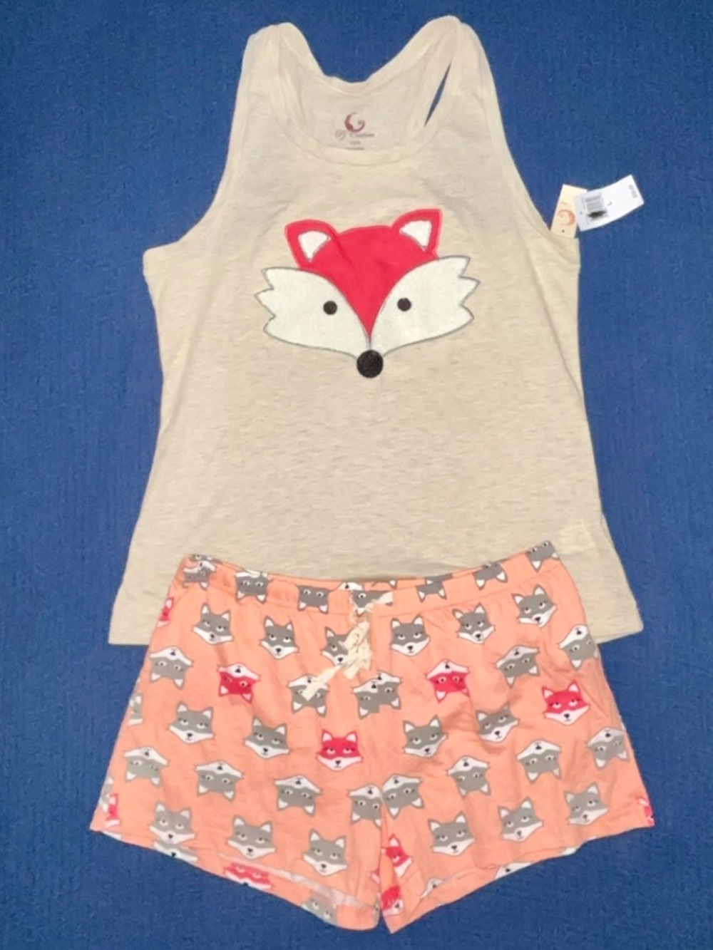 Pj Couture Beige Tank with Red Fox Applique & Peach Fox-Print Shorts